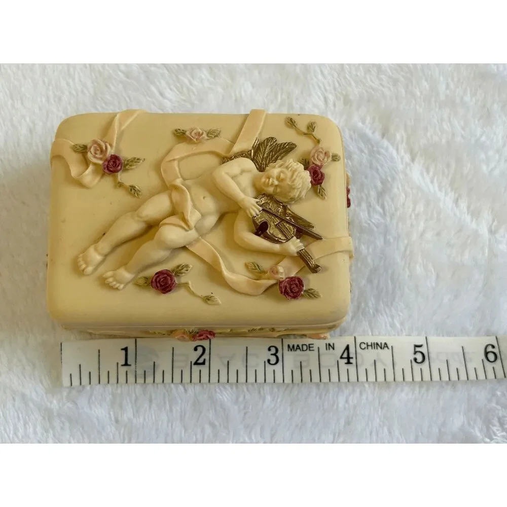 Vintage Dezine 1994 Small Trinket/Jewelry Box Hand Painted Angle/Violin, Flowers